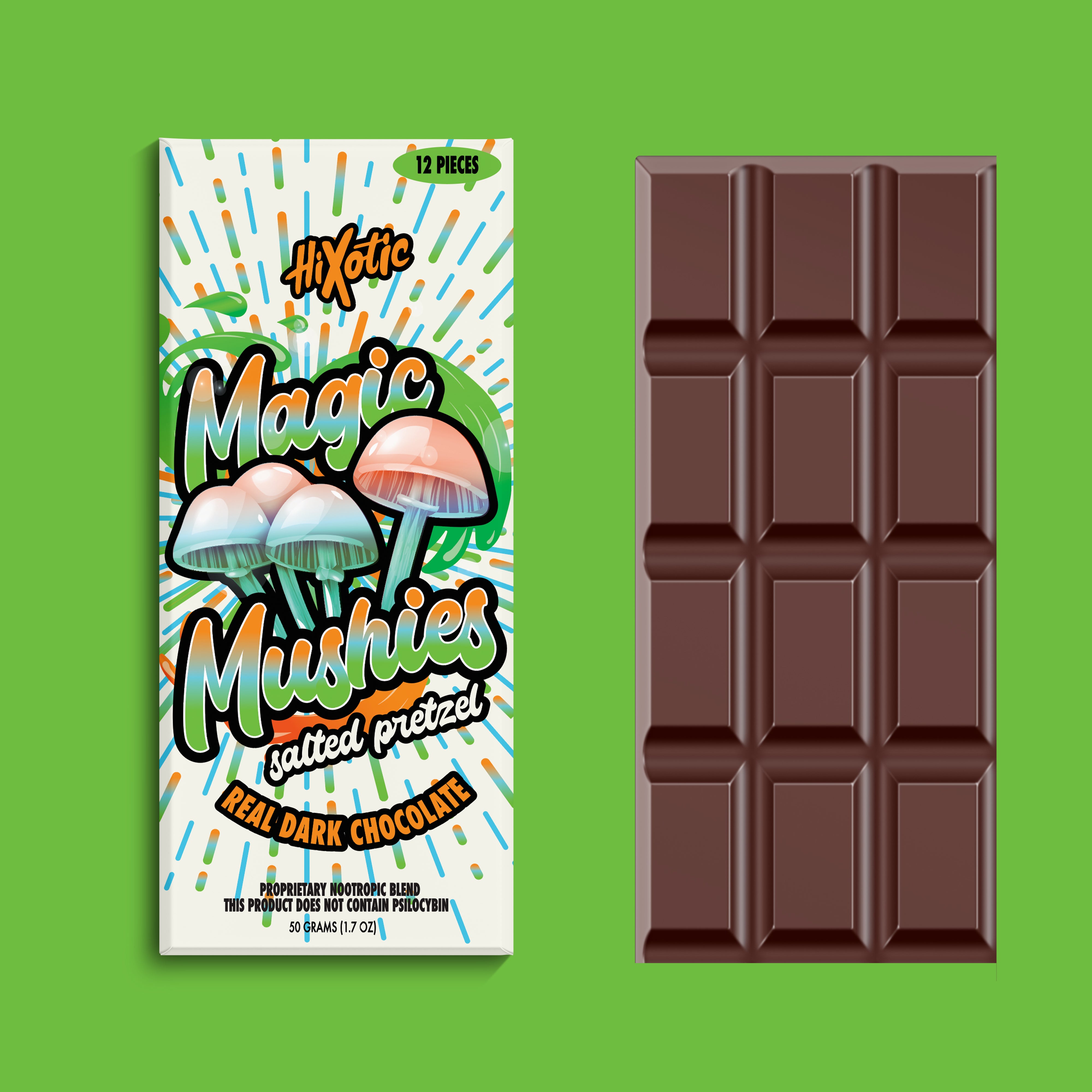 HIXOTIC MAGIC MUSHIES NOOTROPIC BLEND CHOCOLATE BAR SALTED PRETZEL