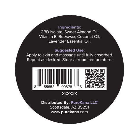 PureKana 600mg 2.0oz Body Balm Lavender Tin Back Label