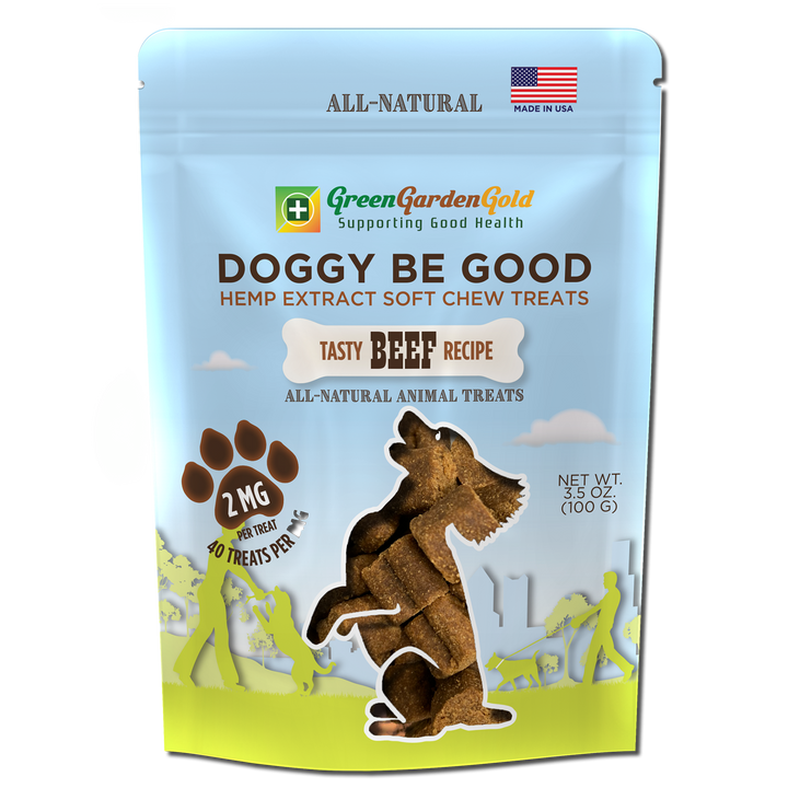 CBD Doggy be good, Green Garden Gold , Hemp Extract, Soft Chew Treats, All Natural, For Pets, 2MG, 40 treats per bag, beef flavoring 