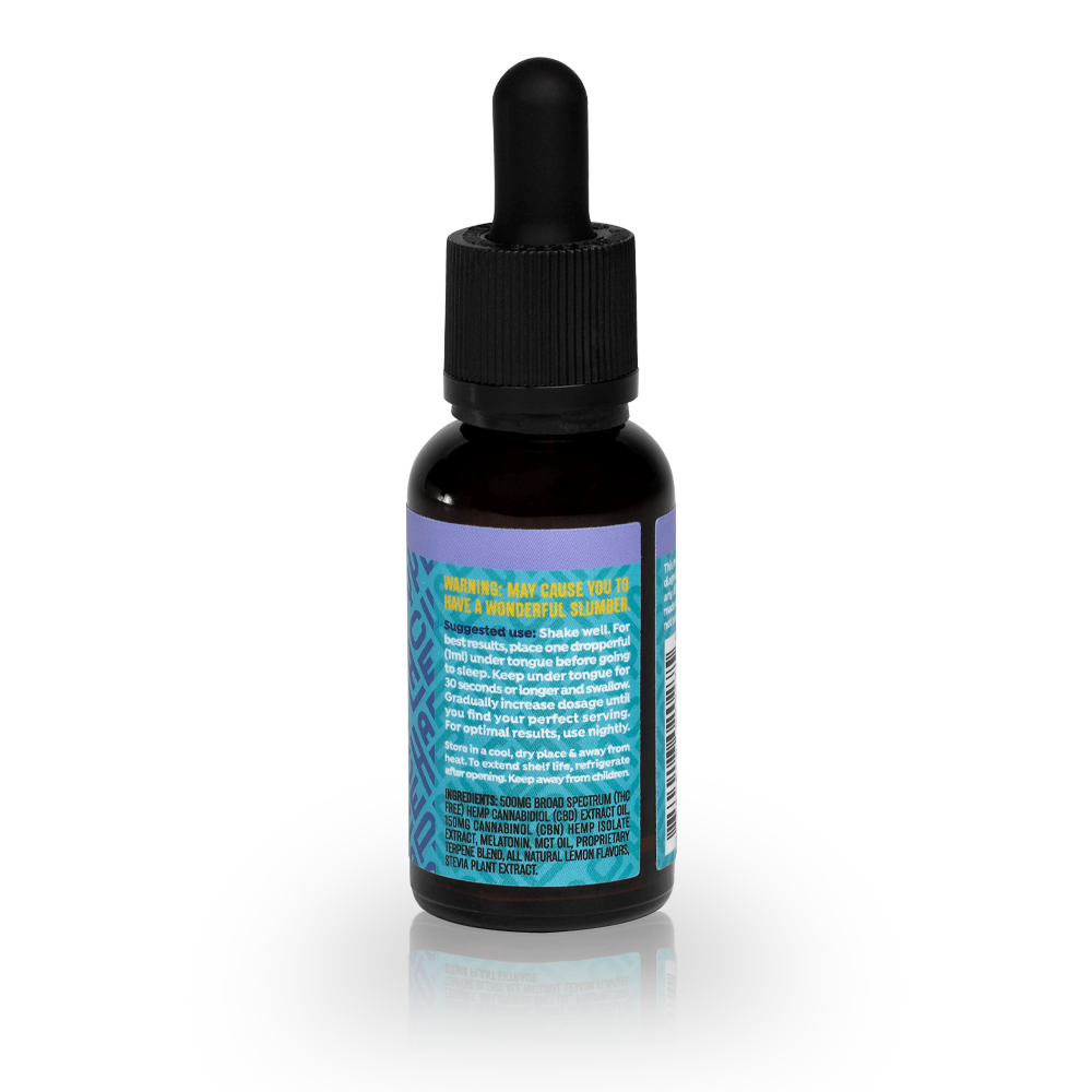 Happy Place CBN + CBD 650mg sleep tincture blue label dropper back label