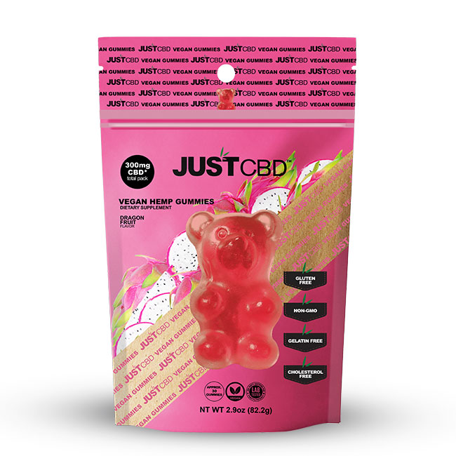 Just CBD, Vegan Gummies, All Natural, Natural Flavoring, Flavor list, 300MG, Dragon Fruit 