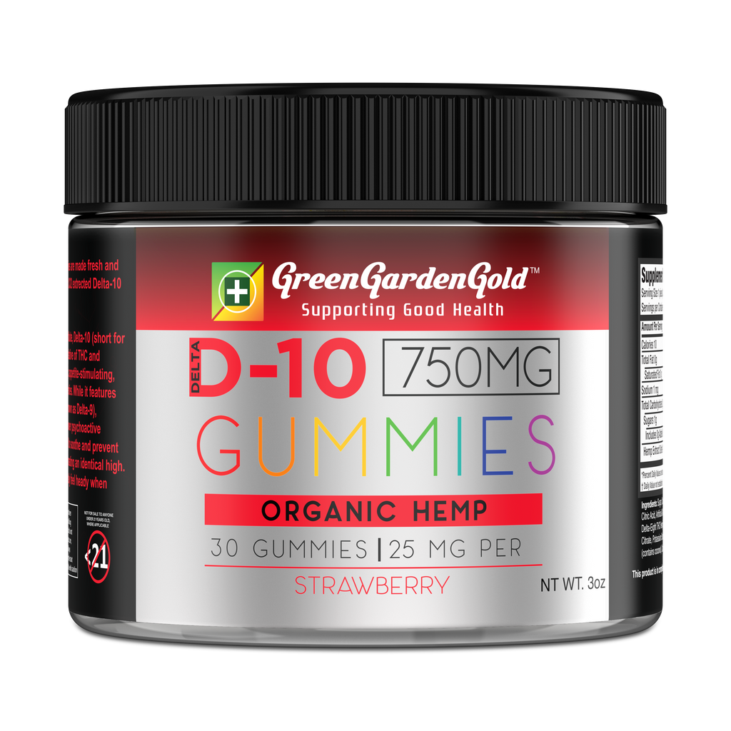 Delta-10, Gummies, 750mg, Organic Hemp, 30 Gummies, Flavor Strawberry, Green Garden Gold