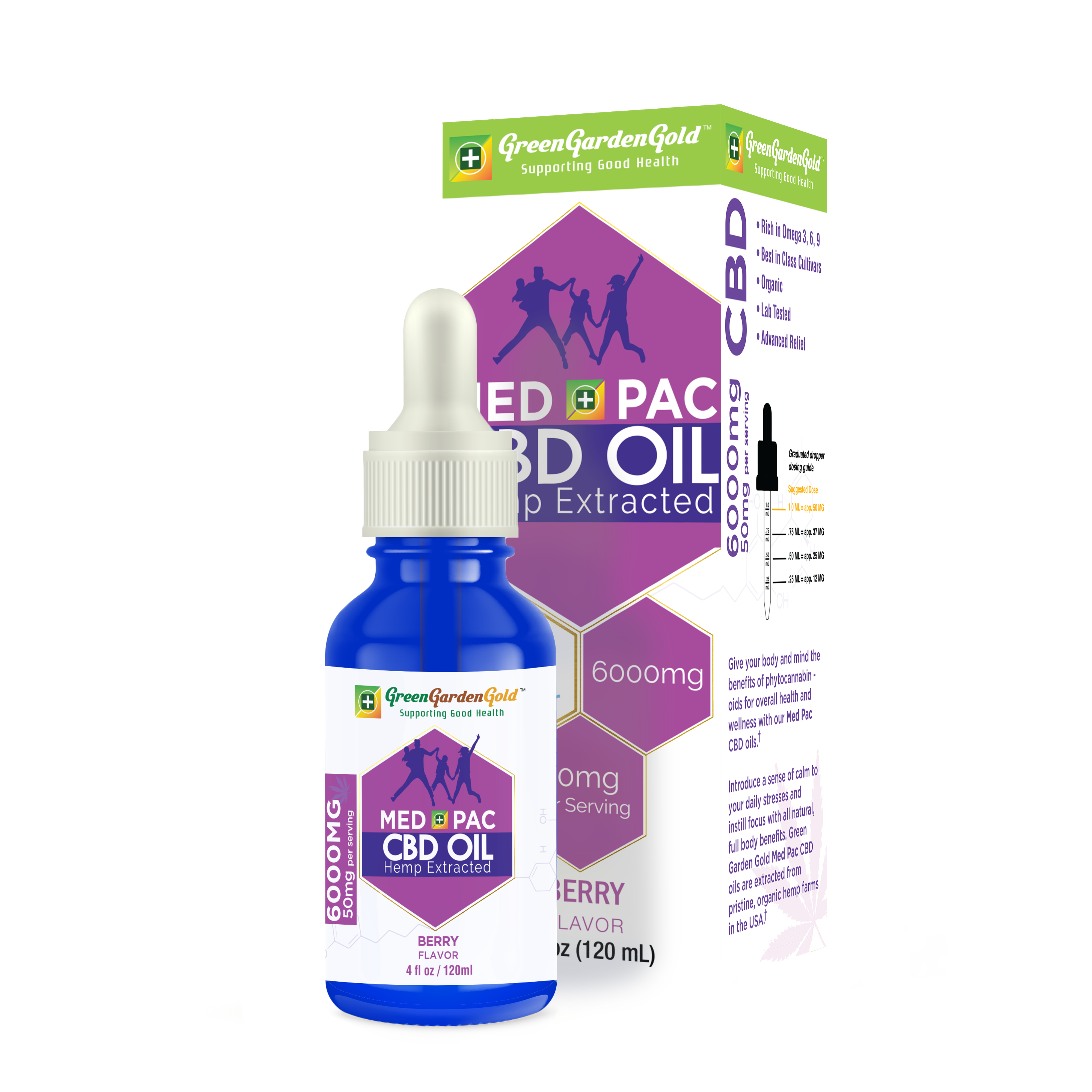 Med Pac Full Spectrum CBD MCT Oil, 6000mg, Green Garden Gold, Berry Flavor, Hemp Extracted