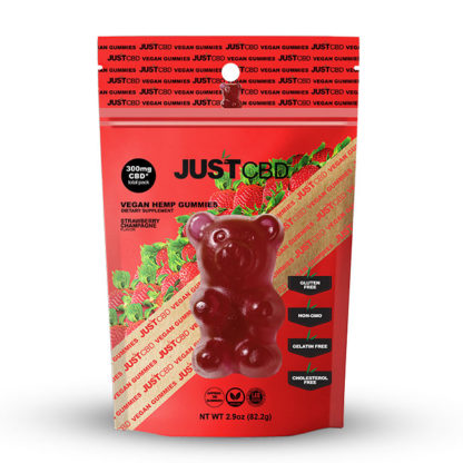 Just CBD, Vegan Gummies, All Natural, Natural Flavoring, Flavor list, 300MG, Strawberry champagne 