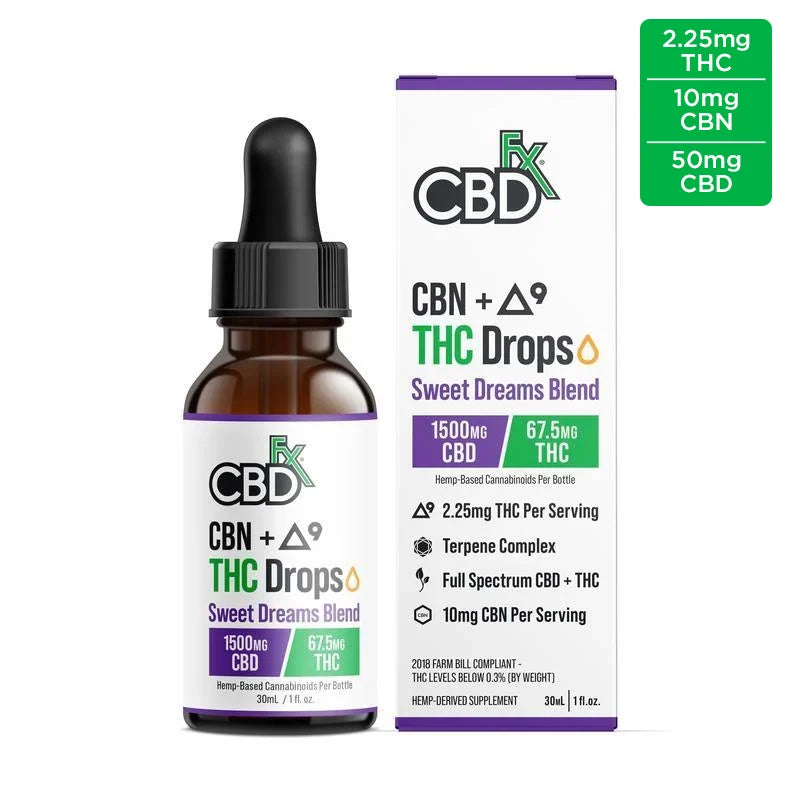 CBDFX CBN + DELTA 9 THC DROPS SWEET DREAMS BLEND 1500MG CBD 67.5MG THC 