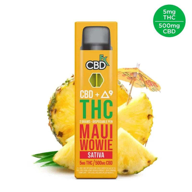 CBDFX CBD + DELTA 9 THC 2 GRAMS DISPOSABLE PEN MAUI WOWIE SATIV A5MG THC / 500MG CBD 