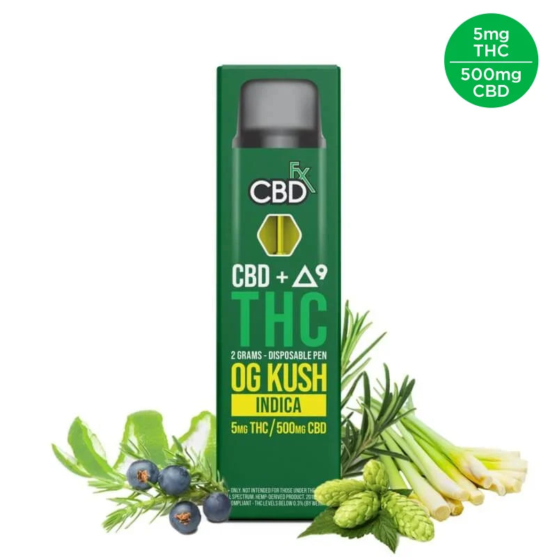CBDFX CBD + DELTA 9 THC 2 GRAMS DISPOSABLE PEN OG KUSH INDICA 5MG THC 500MG  CBD 