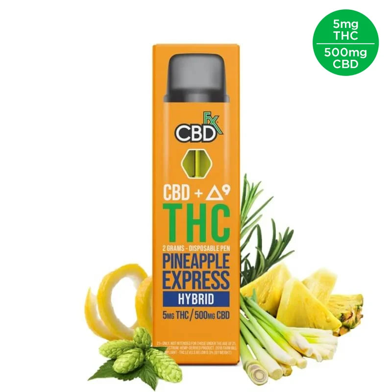 CBDFX CBD + DELTA 9 THC 2 GRAMS DISPOSABLE PEN PINEAPPLE EXPRESS HYBRID 5MG THC 500MG CBD 