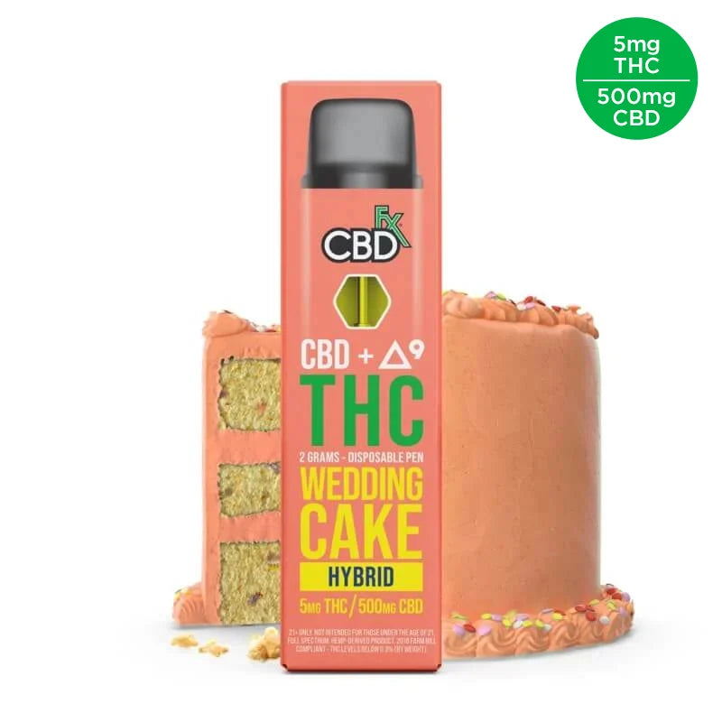 CBDFX CBD DELTA 9 THC 2 GRAMS DISPOSABLE PEN WEDDING CAKE HYBRID 5MG THC 500MG CBD 