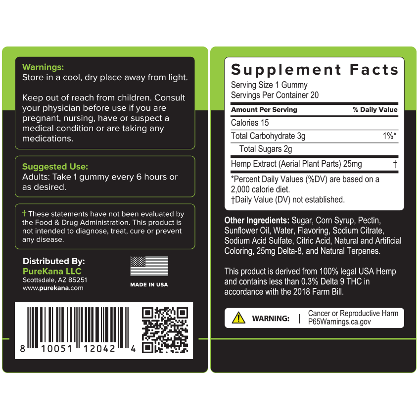 Pure Kana Delta 8 Lime Gummies Bottle 25mg per gummy 20 gummies per bottle Back Label 