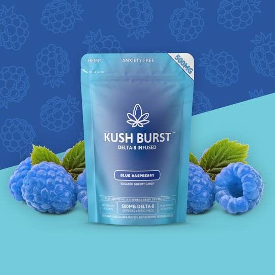 Kush Burst Delta 8 infused Blue Raspberry Sugar gummy candy. 10 pieces 50mg delta 8 per piece 