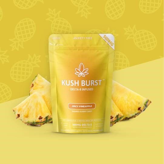 Kush Burst Delta 8 infused Juicy Pineapple Sugar gummy candy. 10 pieces 50mg delta 8 per piece 