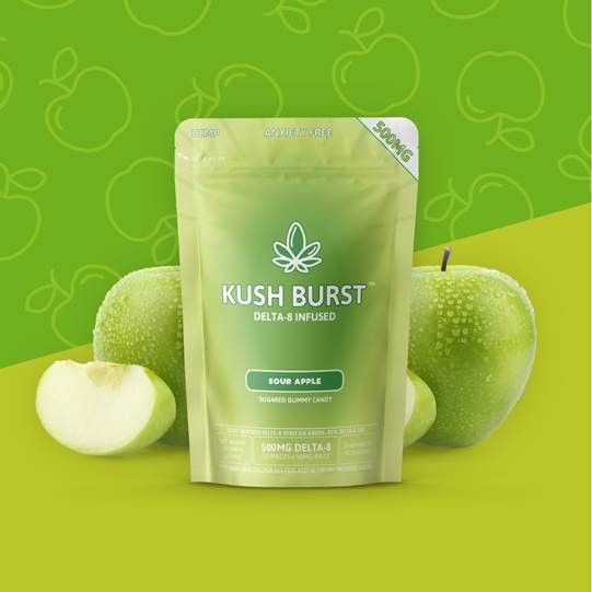 Kush Burst Delta 8 infused Sour Apple Sugar gummy candy. 10 pieces 50mg delta 8 per piece 