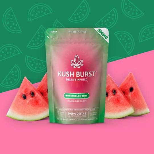 Kush Burst Delta 8 infused Watermelon Bliss Sugar gummy candy. 10 pieces 50mg delta 8 per piece 