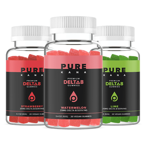 Pure Kana Delta 8 Gummies flavors bottles Watermelon, Strawberry, and Sweet & Sour Apple