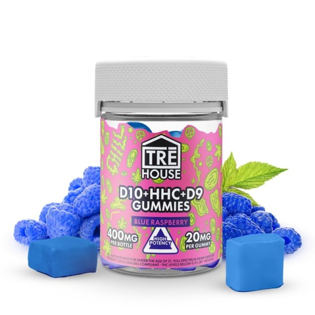 TRE HOUSE BLUE RASPBERRY HIGH POTENCY 400MG 20MG DELTA 10 + HHC DELTA 9 GUMMIES